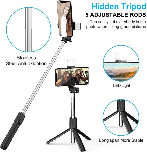 R1S-L Portable Selfie Stick with Mini 3 Legs Tripod Stand with LED Fill Light